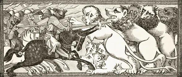 Wie Alexander mit weißen Löwen so groß wie Stiere kämpfte, nach einer Miniatur in einem Manuskript aus dem 13. Jahrhundert, aus 